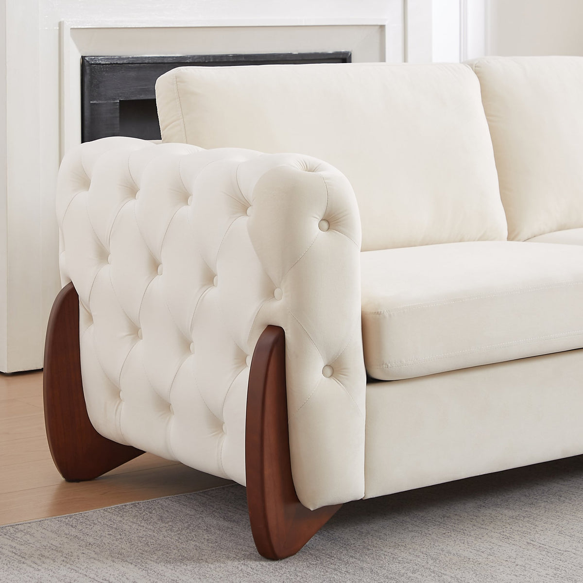 84-inch Classic Velvet Sofa With Button-tufted Detailing Features Curved Wooden Legs, Stylish Curved Armrests, Two Back Cushions, and Two Seat Cushions for the living room.