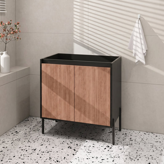 30 Inch Modern Bathroom Vanity Base Cabinet Only, Freestanding or Wall-Mounted with Soft Close Fluted Double Doors & Adjustable Shelf, Aluminum Legs (23.4" W x 17.9" D, Walnut & Black, No Sink)