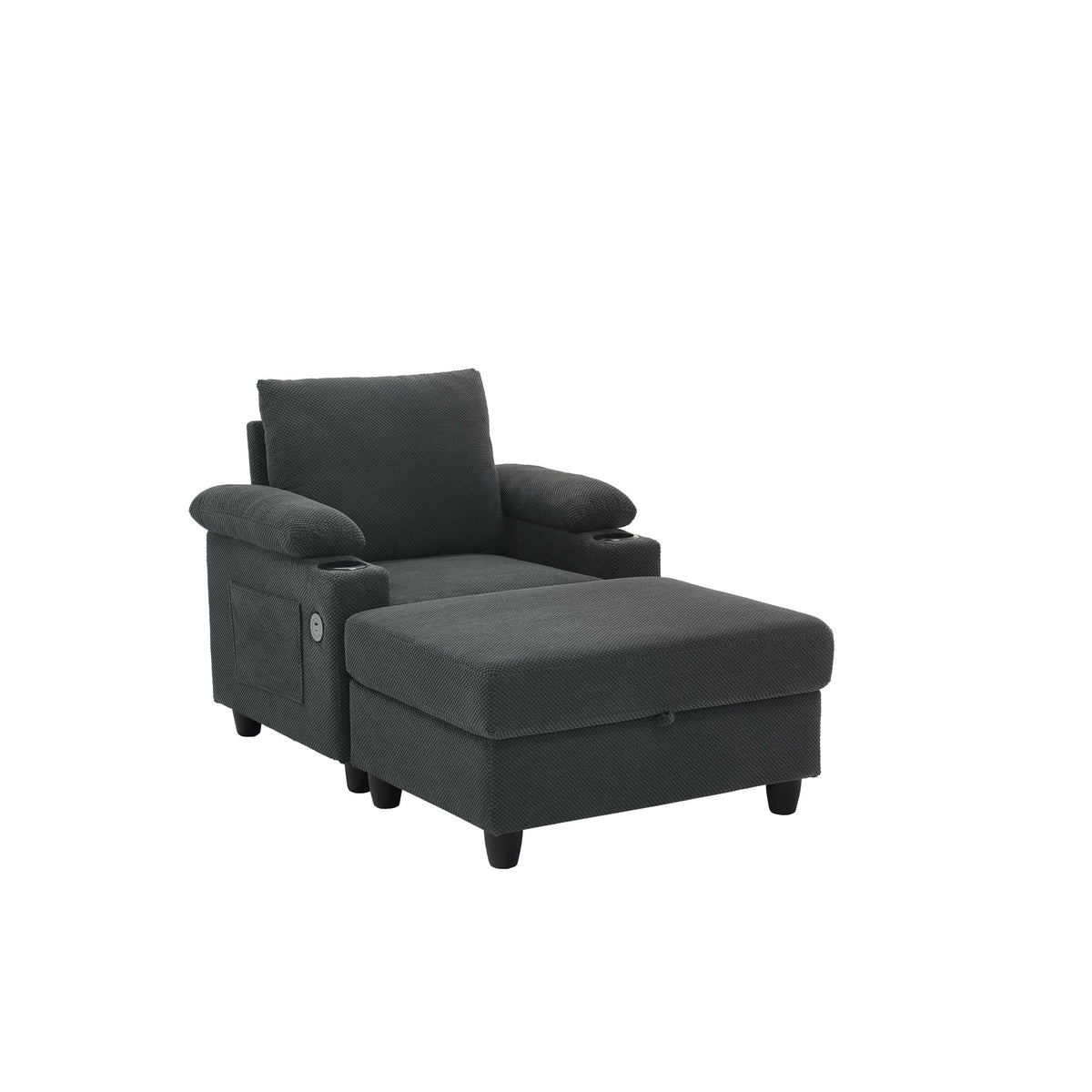 Accent Chair and Storage Ottoman Set, Versatile Single Chaise Lounge Convertible Sleeper Bed W/Reclining Backrest,Cupholders,USB-C Ports