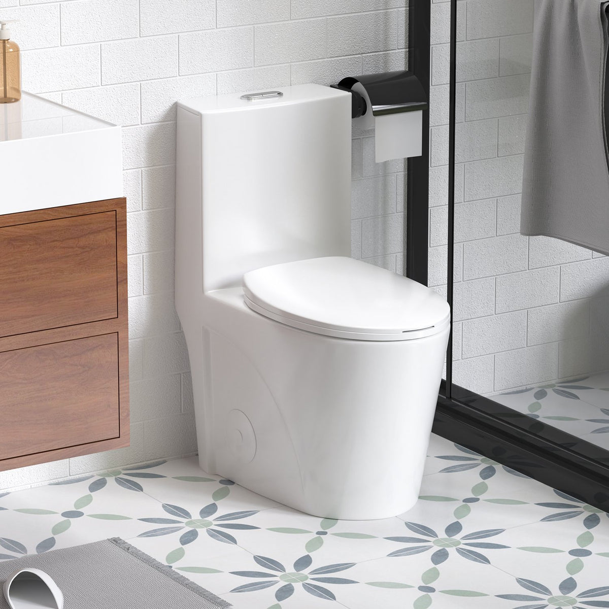 1.1/1.6 GPF Siphonic Flush One-Piece Toilet for bathrooms,Siphonic S-trap 12",Elongated Bowl with Soft Close Seat,Powerful Dual Flush MAP 1000g,Comfort Chair Seat ADA Height 17",Glossy White GW-001
