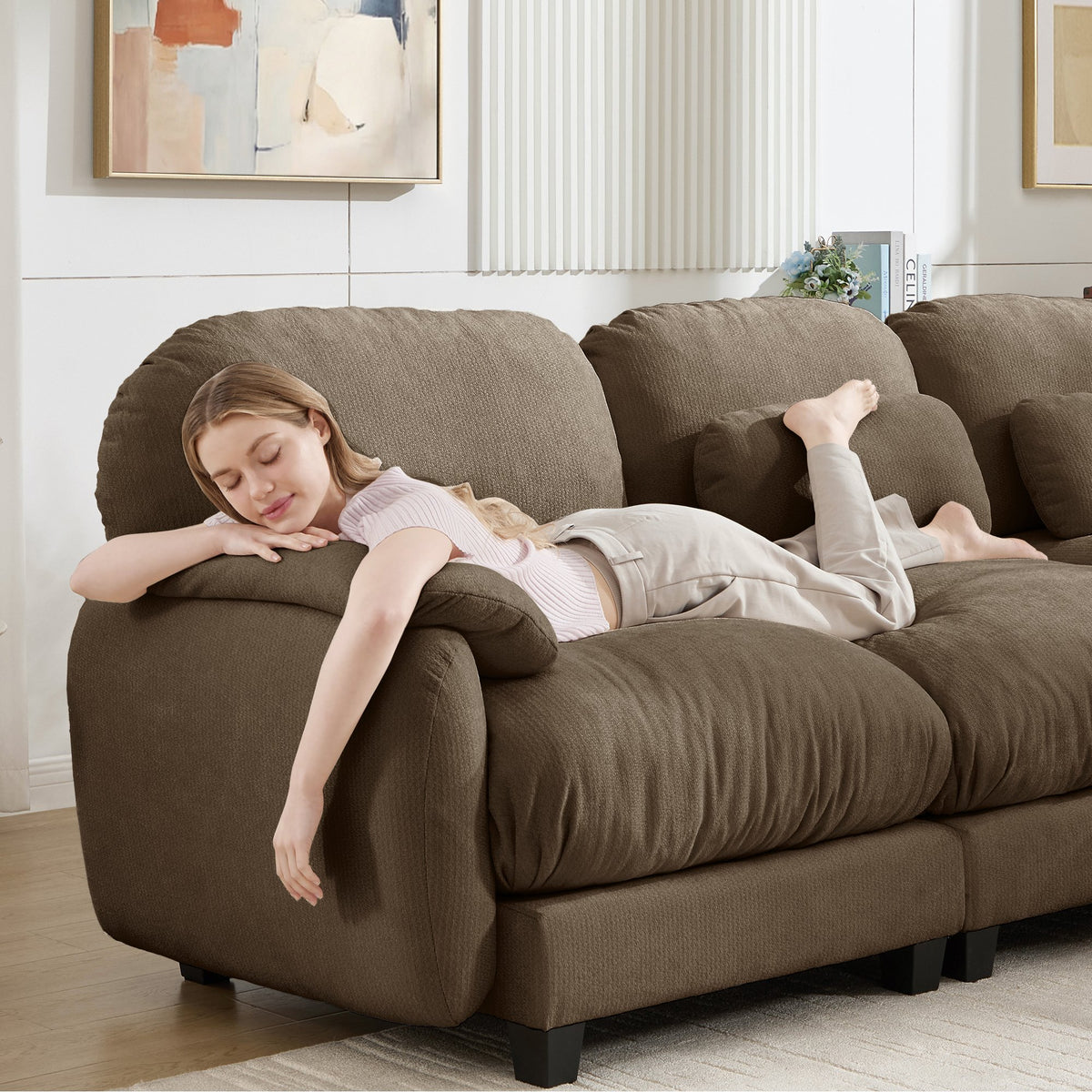 2 Seater L-Shaped Cloud Feel Sofa with Removable Ottoman, Cozy Chenille Modular Couch Set, Deep Seat Free Combination Furniture for Small Living Room, Brown