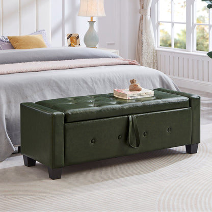 48" Ottoman Bench with Storage, Upholstered Tufted Faux Leather PU Ottoman Dark Green