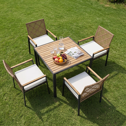 All Weather Patio Dining Table Set with Acacia Wood Top and Umbrella Hole, Yellow Rattan Outdoor Furniture