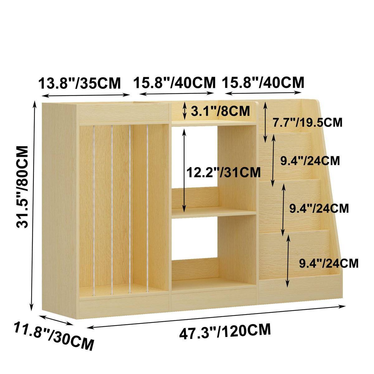 3-in-1 Kids Bookshelf and Toy Storage, 4-Tier Book Shelf for Kids Rooms, Sling Baby Bookcase with Stuffed Animal Storage, Toddler Montessori Bookshelf for Nursery, Playroom, Kindergarten, Natural