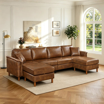 120" Sectional Sofa with Two Removable Storage Ottomans,Upholstered Breathable PU Leather Sectional Couch,Faux Leather Sofa,Vintage Brown