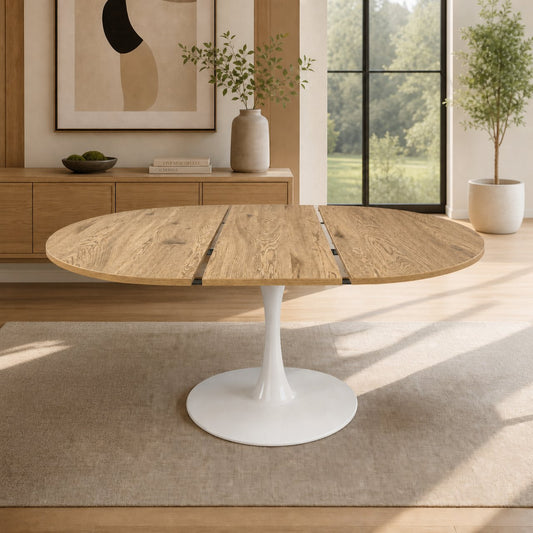 57.87"Round Extendable Dining Table for 4-6,Modern Dining Table,Tulip Table,MDF Tabletop And Metal Pedestal,Modern Oval Dining Table,Mid Century Coffee Table for Living Room,Small Places,Cafe(Natural)
