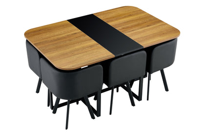 7-Piece Dining Table Set for 6, 1 Table & 6 Black PU Upholstered Chairs, Black & Wood Grain Melamine Table, Modern Kitchen Nook Set