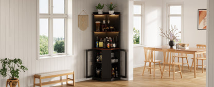 67.3" Corner Bar Cabinet with Power Outlet, Farmhouse Wine Bar Cabinet with Adjustable Shelves for Home,with Lights & Glass Rack for Dining Room, Living Room, Kitchen