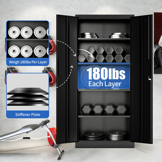 72" H Metal Garage Storage Cabinet, Black Tool Steel Locking Cabinet with Doors and 4 Shelves