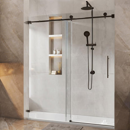 56-60 in. W x 76 in Matte Black 1/4 inch 6mm Glass Shower Doors Frameless Adjustable Single Sliding Glass Shower Door,Certified Thick Clear Clear Tempered Glass,Stainless Steel Hardwares