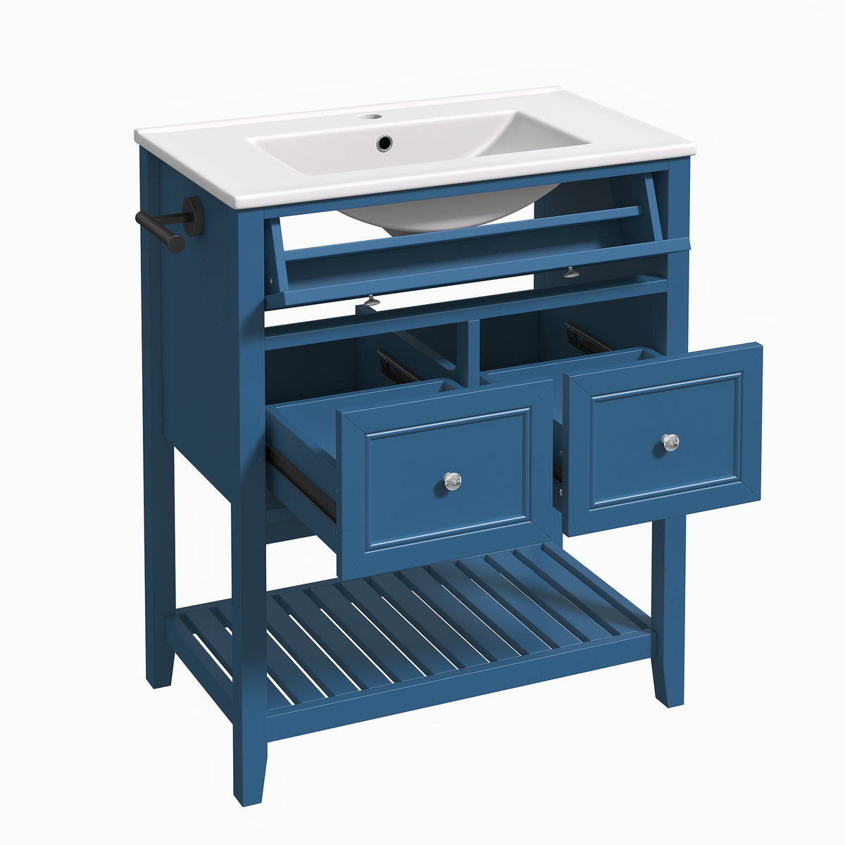 30" Navy Blue Bathroom Vanity with Ceramic Sink – Freestanding Storage Cabinet with Tip-Out Drawer, 2 Drawers & Open Slatted Shelf, Reversible Side Towel Rack, Silver Handles, MDF