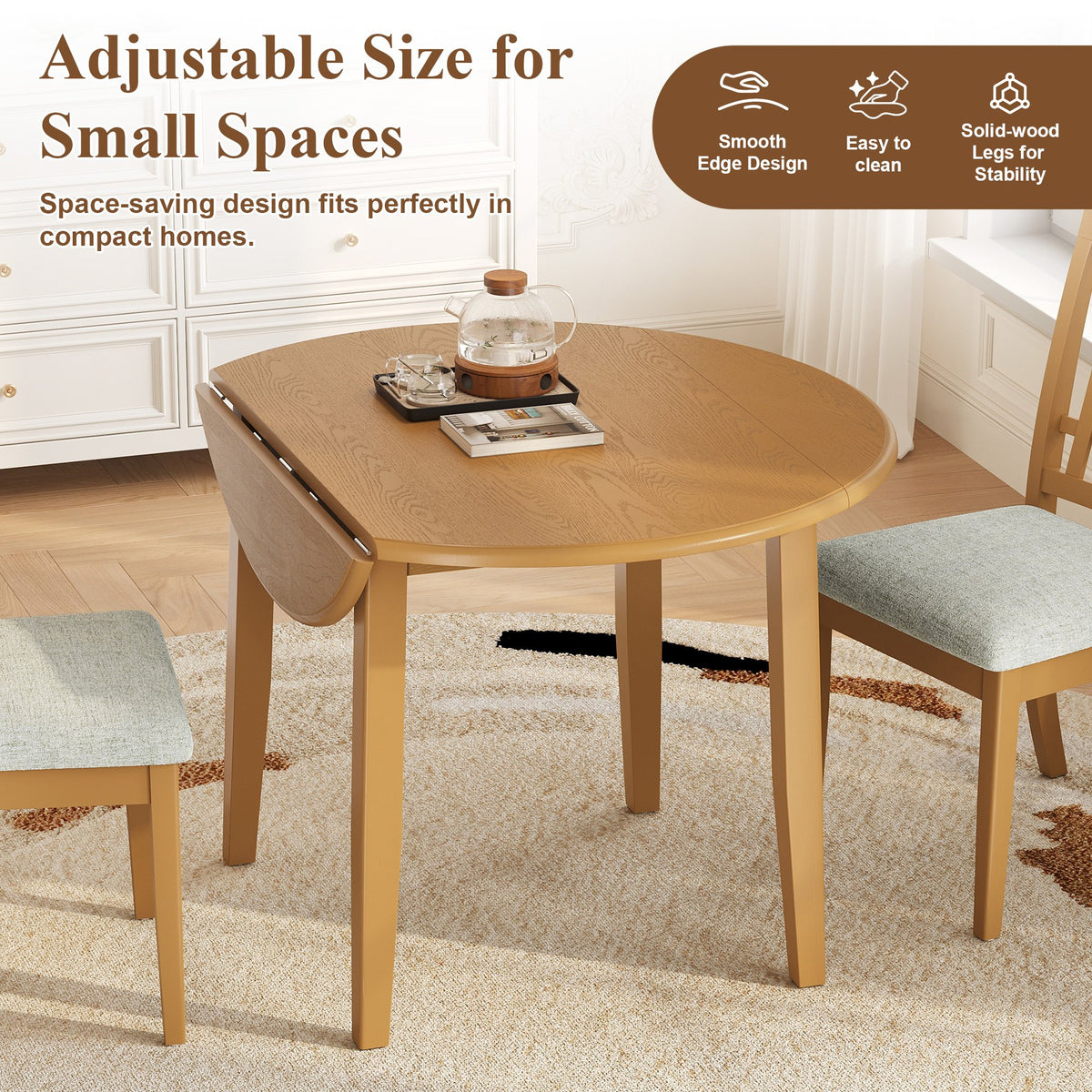 3-Piece Round Dining Table Set for 2 People, 1 Folding Wood Dining Table + 2 Upholstered Chairs – Model N752S000618A