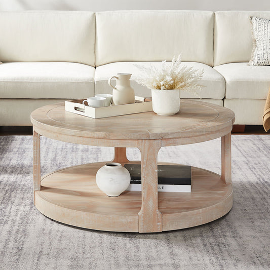 40inch Large Curved 2 Tier Traditional Round Circle Wooden Center Coffee Table, Rounded Table with Wheels, Mid Century Rustic Style Table