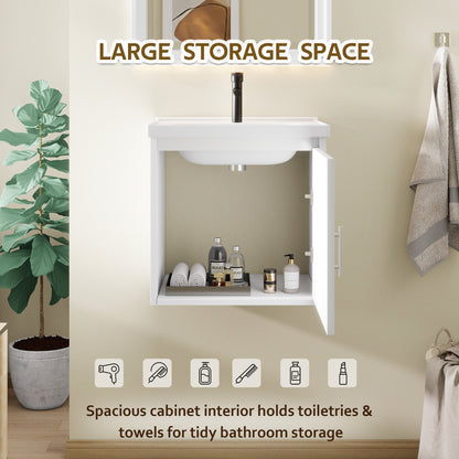 20" Floating Bathroom Vanity, Wall Mounted Plywood Cabinet with Ceramic Sink & Soft-Close Doors for Small Bathrooms, White