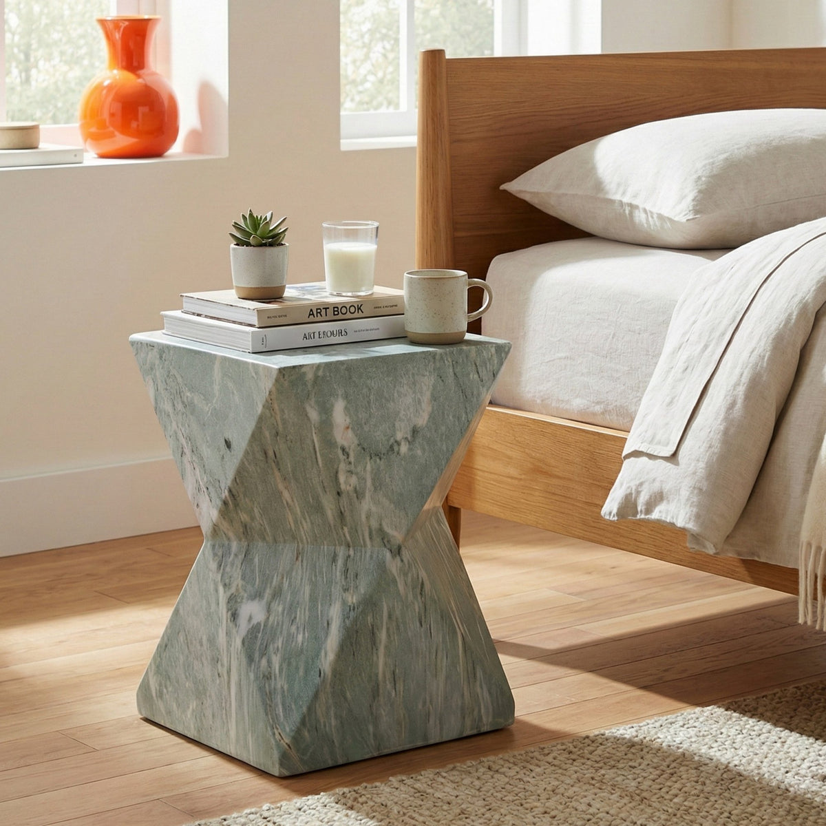 18.5"H Modern Geometric MGO Side Table, Hourglass Accent Table with Faux Marble Finish - Weather Resistant End Table for Indoor and Outdoor Use, Living Room, Bedroom & Patio, Green Marble