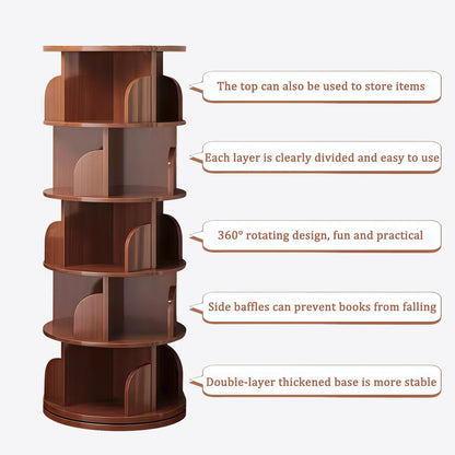 5 Tier Rotating Bookshelf, 360° Display Round Spinning Bookshelf, Space-Saving, Small Space Rotating Bookshelf Tower, Walnut
