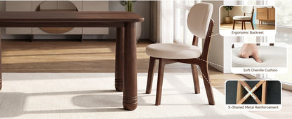 63" Solid Wood Dining Table Set with 4 Upholstered Chairs, Farmhouse Dinner Table Set of 5 Piece with Walnut Finish & Beige Chenille Seats, Heavy-Duty Support up to 1000 lbs, Easy Assembly