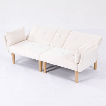 72 Inch Foldable Beige Double Sofa, Soft Velvet Upholstery, Comfortable Leisure 2‑Person Couch for Living Room Apartment.