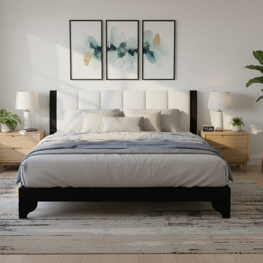 Queen Size Bed Frame Black+White Pine+Manufactured Wood 82.7x 69.7 6-8 Mattress 500 lbs No Box Spring Modern Bedroom Furniture