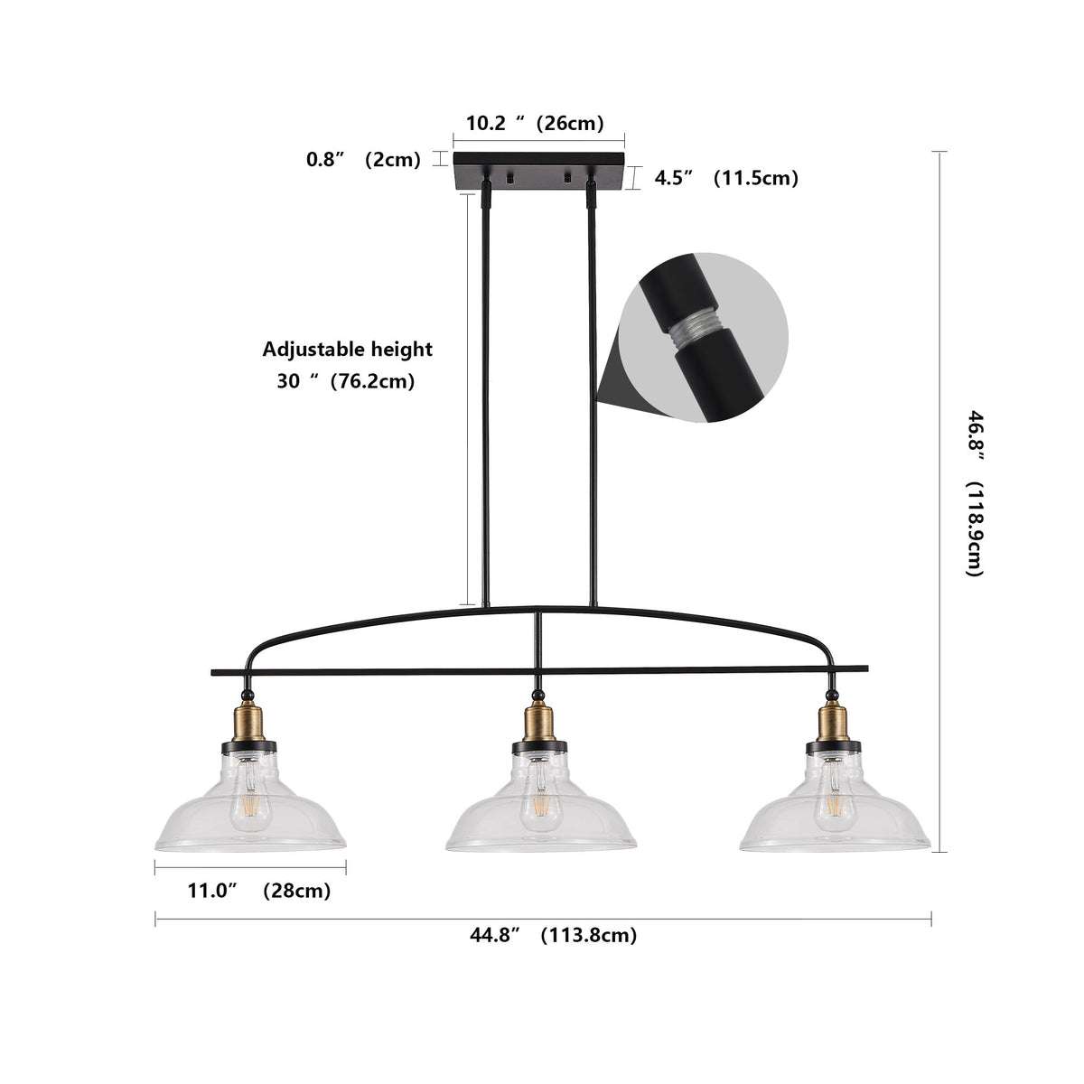 45" Industrial 3-Light Pendant Chandelier with Clear Glass Shades, Black Metal Frame, Adjustable Height