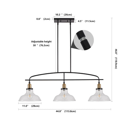 45" Industrial 3-Light Pendant Chandelier with Clear Glass Shades, Black Metal Frame, Adjustable Height