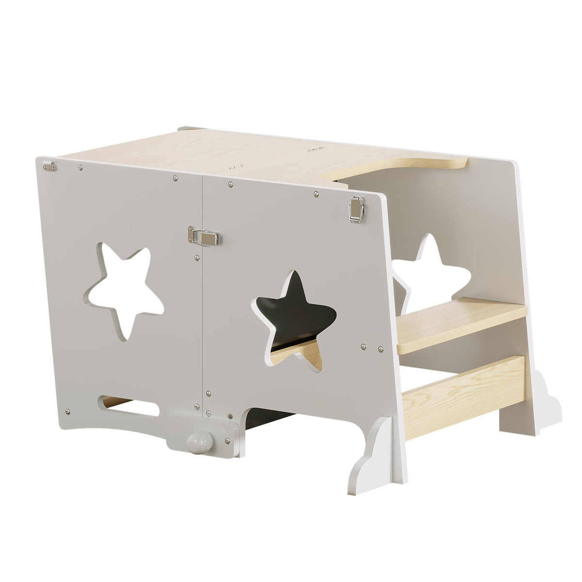 3-in-1 Toddler Kitchen Step Stool, Foldable Learning Standing Tower with Blackboard, Wooden Kitchen Stool Helper