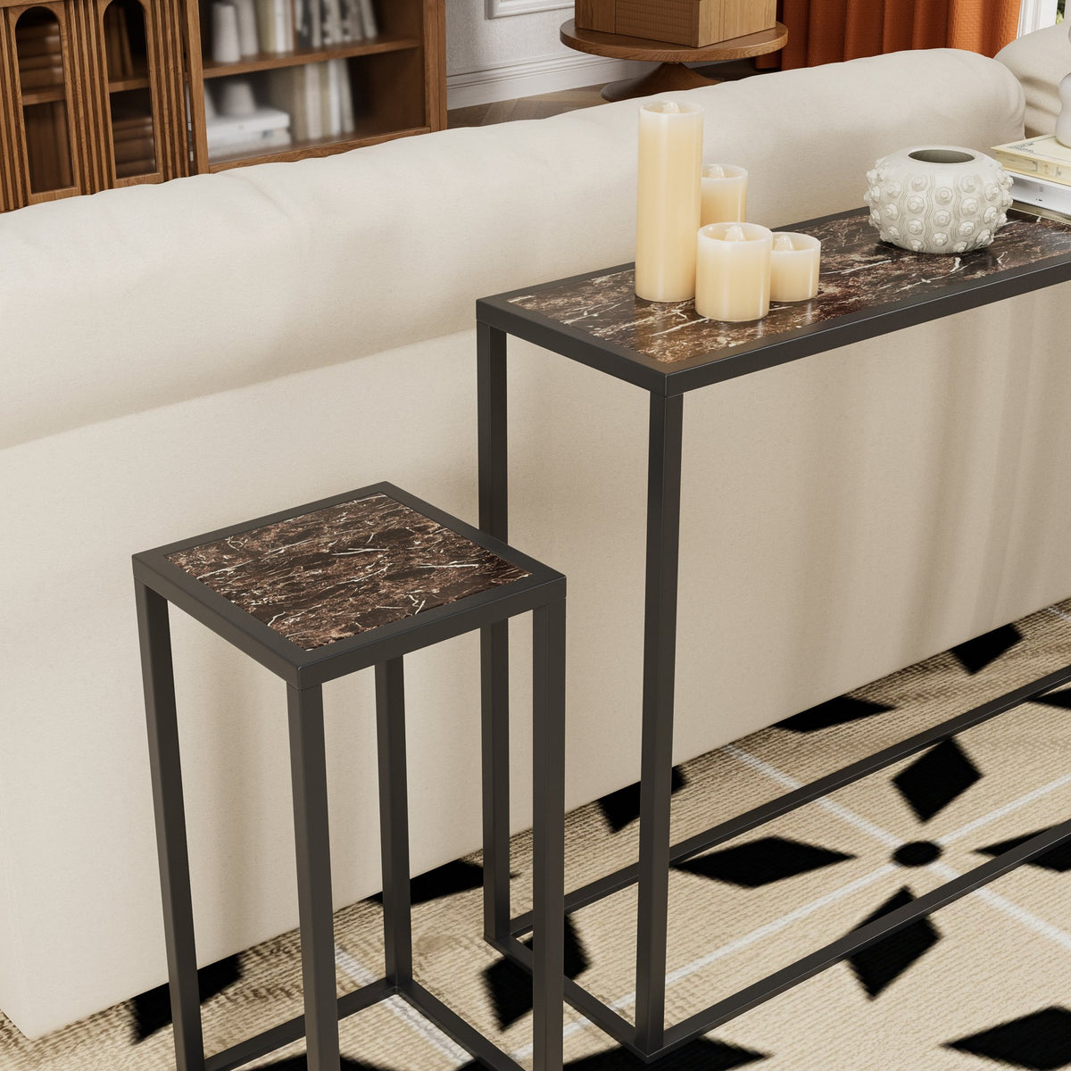 3-piece set of narrow table, high-end edge wrapped entrance hall table, entrance, industrial corridor table, living room, entrance hall, rural brown black color