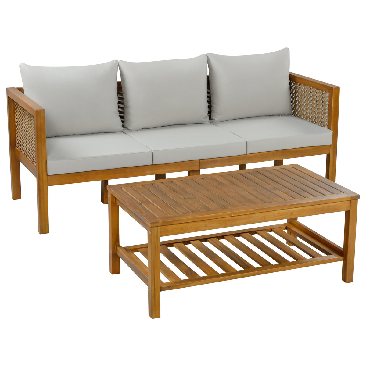 3-Seater Patio Set Outdoor Sofa & Coffee Table Set 2 Piece Outdoor Conversation Patio Furniture Set with Cushions and a Coffee Table for Garden, Backyard, Balcony, Poolside,Grey Cushion +Natural Wood