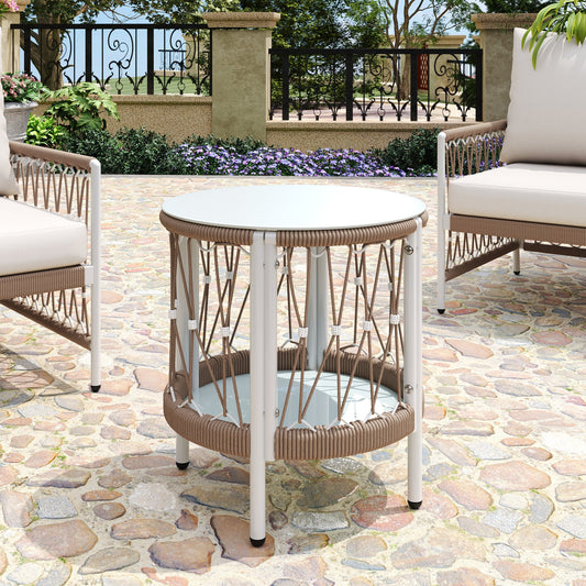 17.32" Bohemian Garden Accent Outdoor Side Table - Handwoven Rope with Powder-Coated Steel Frame, Glass Top