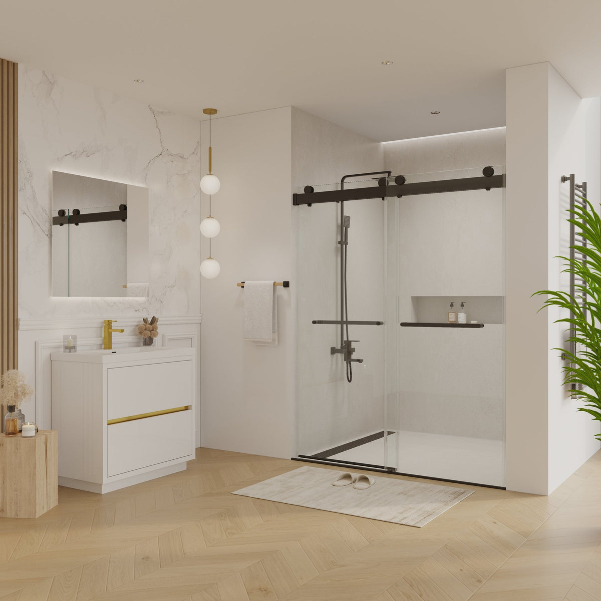 56 to 60 in. W x 76 in. H Double Sliding Frameless Soft-Close Shower Door with Premium 3/8 Inch (10mm) Thick Tampered Glass and Easy-cleaning Coating, Matte Black CM-23D02-60MB