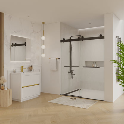 56 to 60 in. W x 76 in. H Double Sliding Frameless Soft-Close Shower Door with Premium 3/8 Inch (10mm) Thick Tampered Glass and Easy-cleaning Coating, Matte Black CM-23D02-60MB