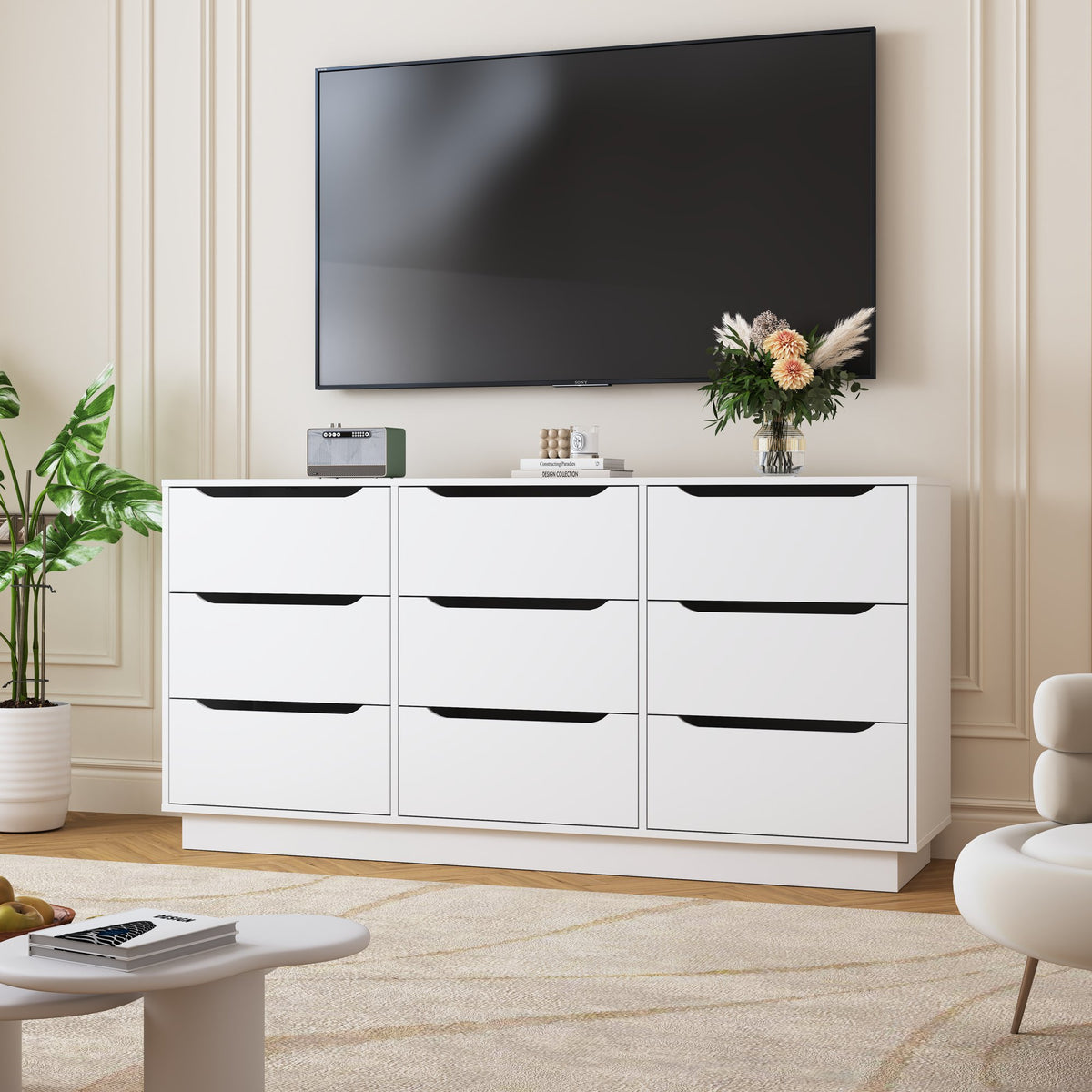 9 Drawer Dresser for Bedroom with Deep Drawers, Large Floor Wood Dressers & Chest of Drawers , Modern White Long Dressers for Closet Living Room