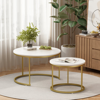 27.6in Nesting Coffee Table Set of 2, Round Coffee Table Wood Marble Pattern Top with Sturdy Metal Frame - White