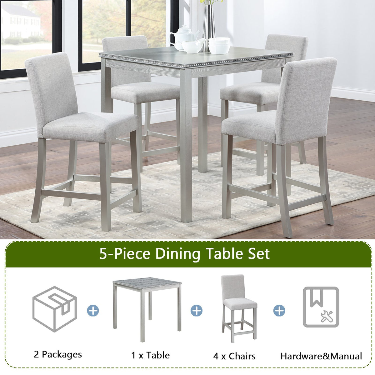 5 Piece Counter Height Table Set, Wooden Kitchen Table Set with Square Table and 4 Upholstered Chairs