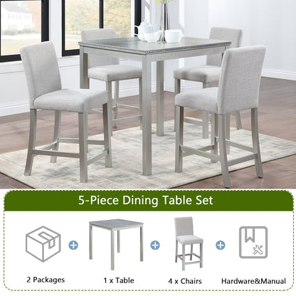 5 Piece Counter Height Table Set, Wooden Kitchen Table Set with Square Table and 4 Upholstered Chairs