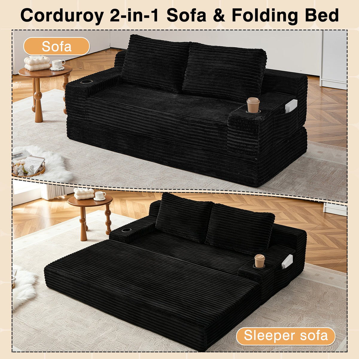 70.8-inch corduroy two-in-one sofa bed, featuring a lounge chair with two throw pillows, built-in cup holders in the armrests, and side storage pockets-ideal for living rooms, bedrooms, and relaxation