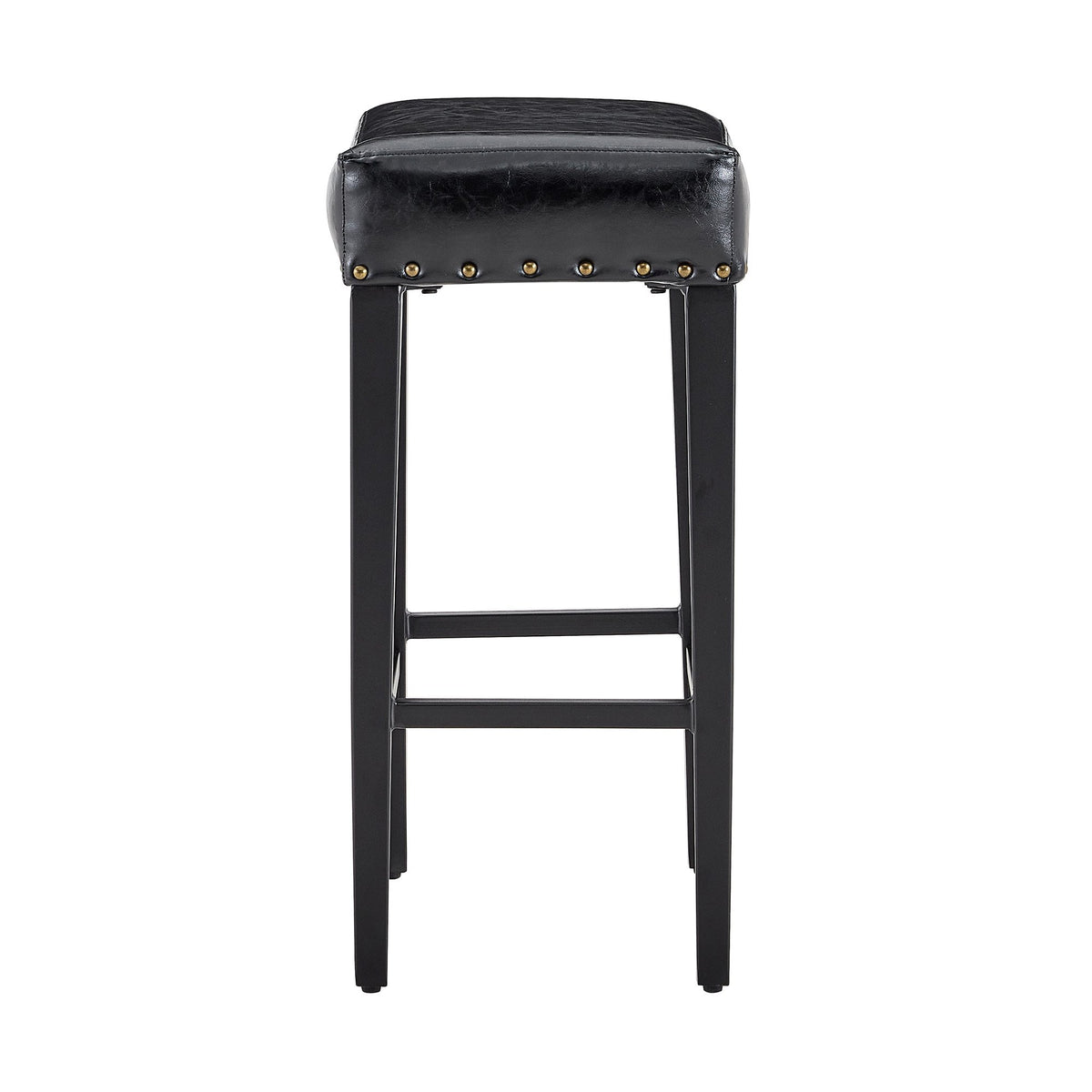 2-piece bar stool, 25.6 inches high, no back design, with 4-inch thick padded seat, equipped with brass nailhead decoration, leather material, 1.6-inch heavy-duty carbon steel legs, black color