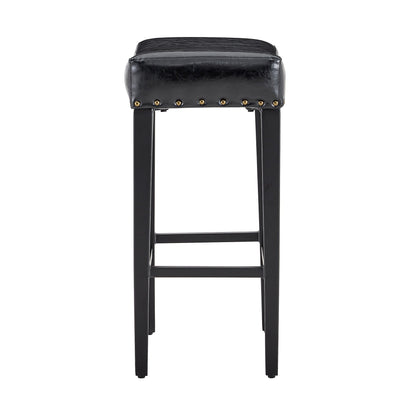 2-piece bar stool, 25.6 inches high, no back design, with 4-inch thick padded seat, equipped with brass nailhead decoration, leather material, 1.6-inch heavy-duty carbon steel legs, black color