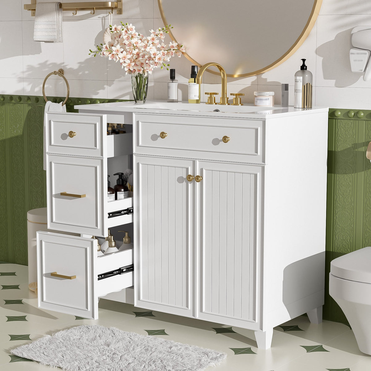 36" Modern Bathroom Vanity with Ceramic Sink, Soft Close Doors, Adjustable Shelves, Solid Wood Frame+MDF