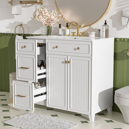 36" Modern Bathroom Vanity with Ceramic Sink, Soft Close Doors, Adjustable Shelves, Solid Wood Frame+MDF