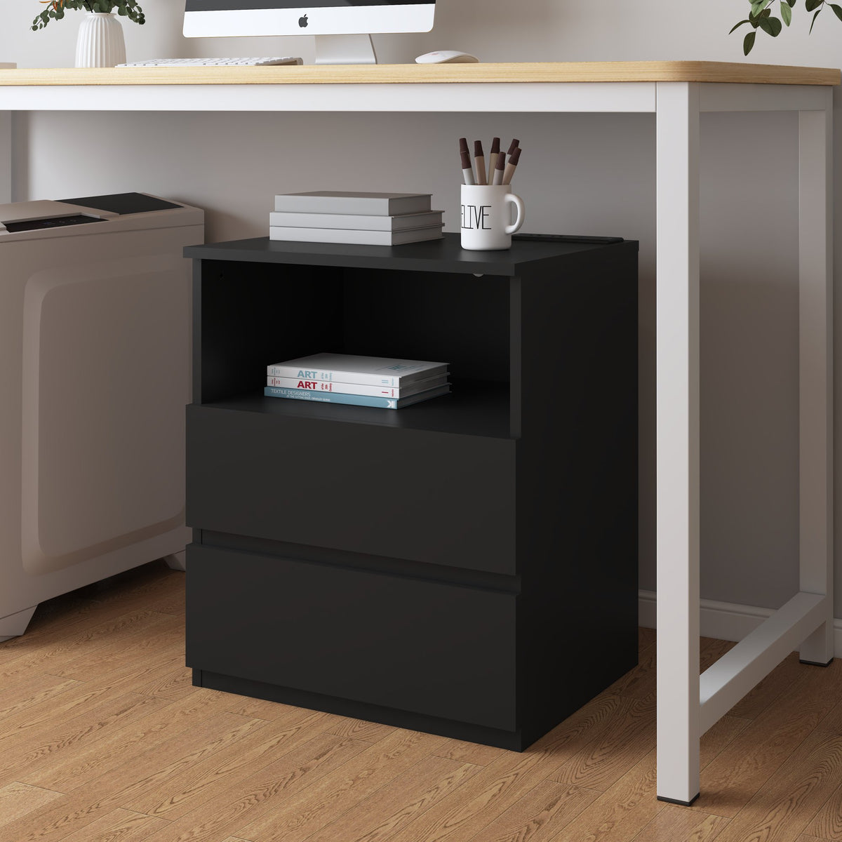 (Set of 2)End Table with Fast USB C Charging Station, Sofa Side Table with 2 Drawers, Large Storage Modern Wood Storage Cabinet, Black