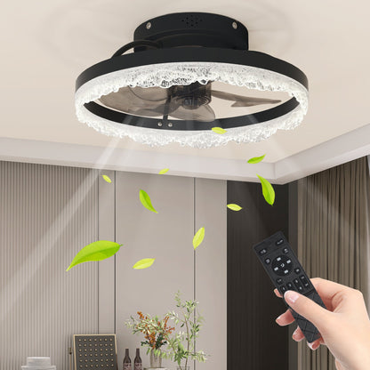 16" Decorative LED Ceiling Fan Light - Modern Flush Mount with Crystal-Inspired Acrylic Ring, Hidden Blades, Remote Control - Black