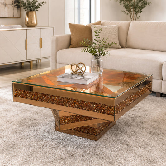 3 Tiered Crushed Diamond Mirrored Coffee Table Modern Glam Mirrored Glass Coffee Table for Living room furniture