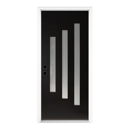 36 x 80 Inch FRP Door with Frosted Glass and Low-E Glass - Contemporary Style for Home's Front Entrance, Right Hand Inswing, Black Brush Fiber Reinforced Panel Door