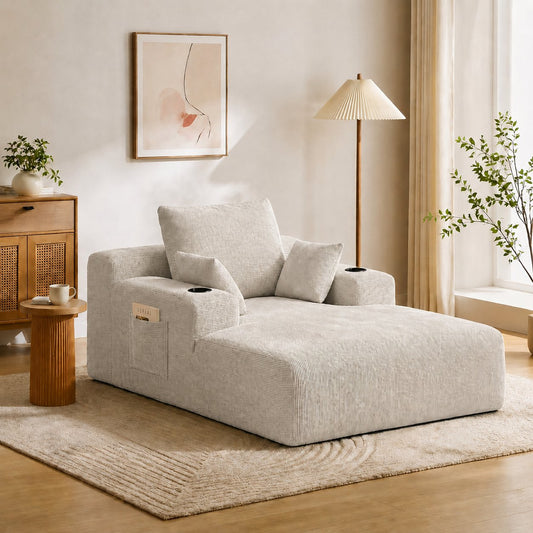 71.65'' Corduroy Chaise Lounge Sofa with Cup Holders & Storage Pocket, No Assembly, Oversized Deep Seat with Pillows, Beige