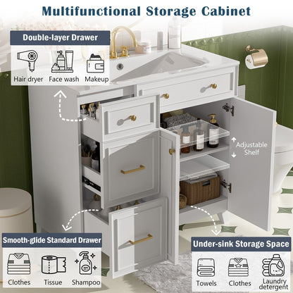 36" Modern Bathroom Vanity with Ceramic Sink, Soft Close Doors, Adjustable Shelves, Solid Wood Frame+MDF