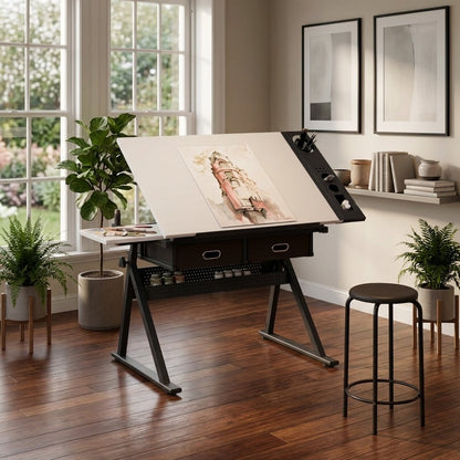 adjustable drawing drafting table desk with 2 drawers for home office and school with stool - white