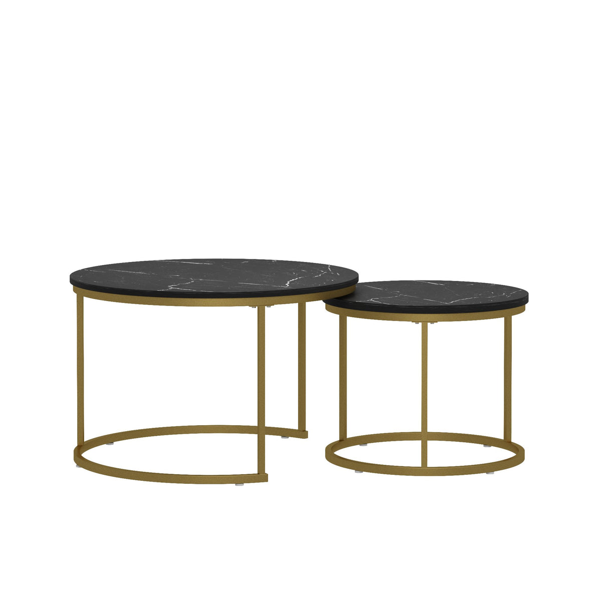 27.6in Nesting Coffee Table Set of 2, Round Coffee Table Wood Marble Pattern Top with Sturdy Metal Frame - Black