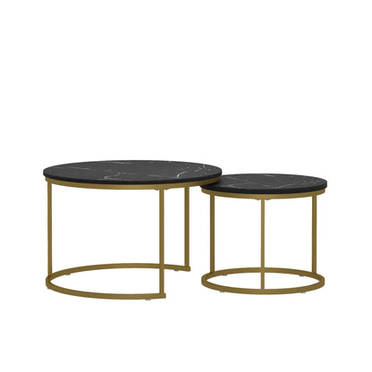 27.6in Nesting Coffee Table Set of 2, Round Coffee Table Wood Marble Pattern Top with Sturdy Metal Frame - Black