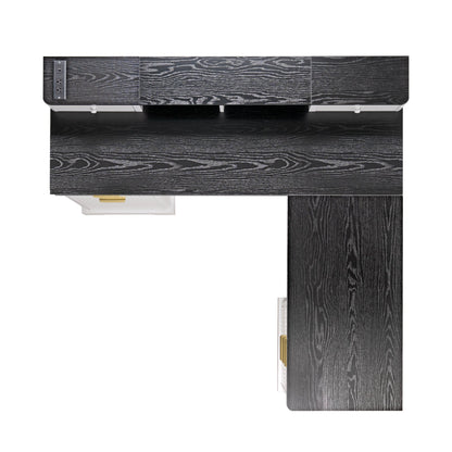 59" Modern Fluted L-Shaped Desk with Charging Station & Storage Cabinet - Home Office Computer Desk with Monitor Stand